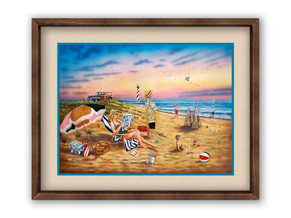 A painting of a family vacationing on the beach. The adults relax while the children play, with one in the sand and another flying a kite with their dog. Printed on paper, matted, and framed.