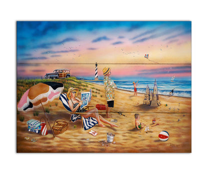 A painting of a family vacationing on the beach. The adults relax while the children play, with one in the sand and another flying a kite with their dog. Printed on a box board.