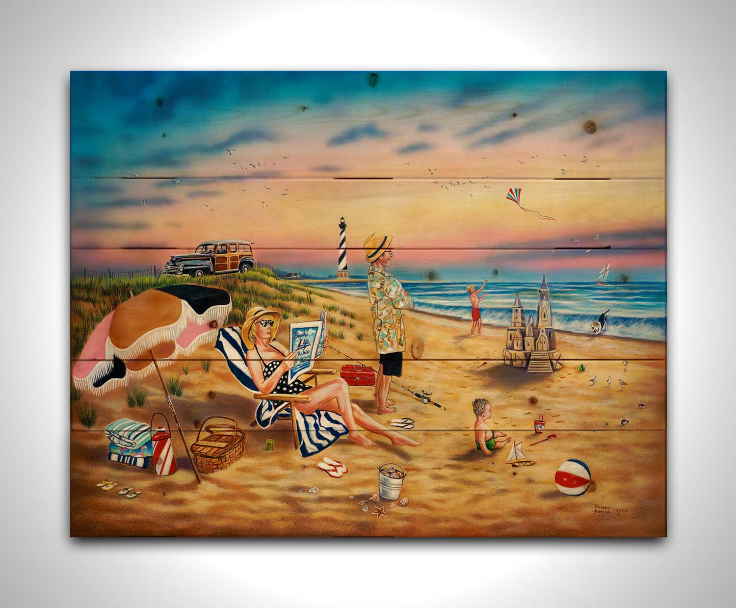 A painting of a family vacationing on the beach. The adults relax while the children play, with one in the sand and another flying a kite with their dog. Printed on a wood pallet.