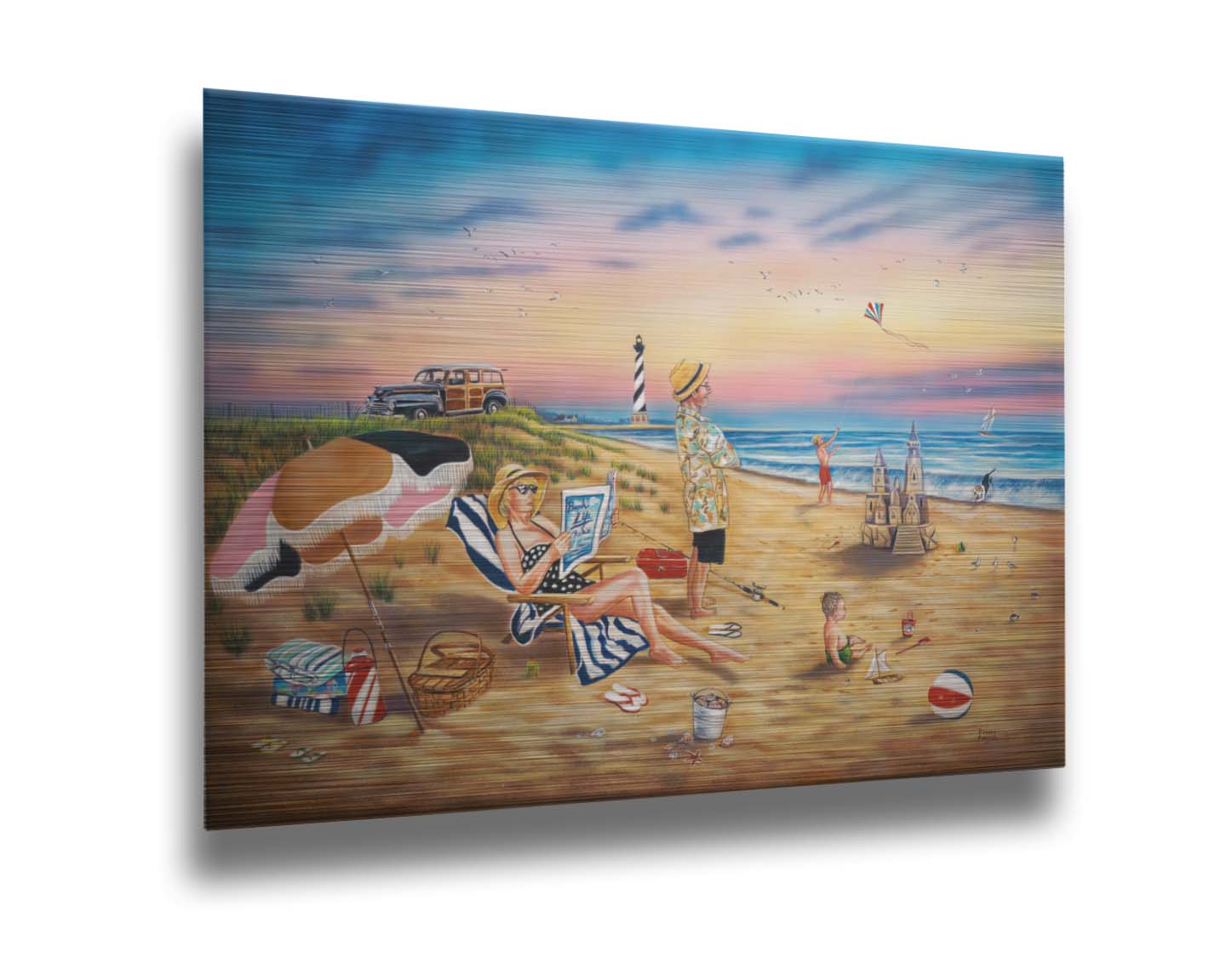 A painting of a family vacationing on the beach. The adults relax while the children play, with one in the sand and another flying a kite with their dog. Printed on metal.