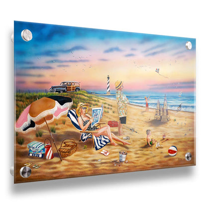 A painting of a family vacationing on the beach. The adults relax while the children play, with one in the sand and another flying a kite with their dog. Printed on acrylic.