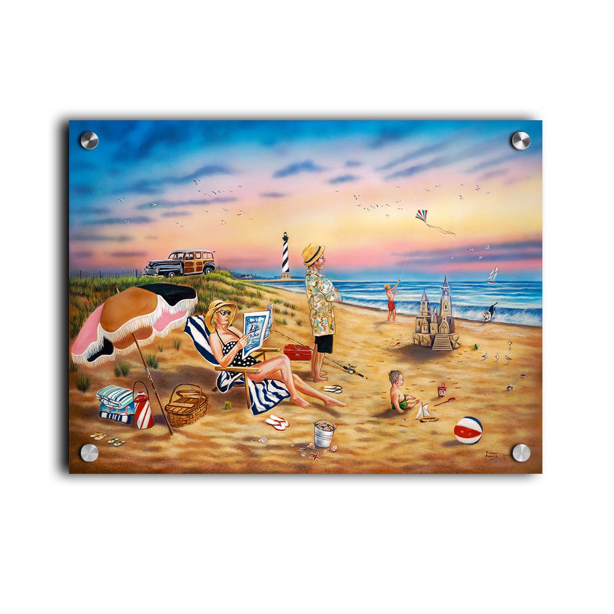 A painting of a family vacationing on the beach. The adults relax while the children play, with one in the sand and another flying a kite with their dog. Printed on acrylic.