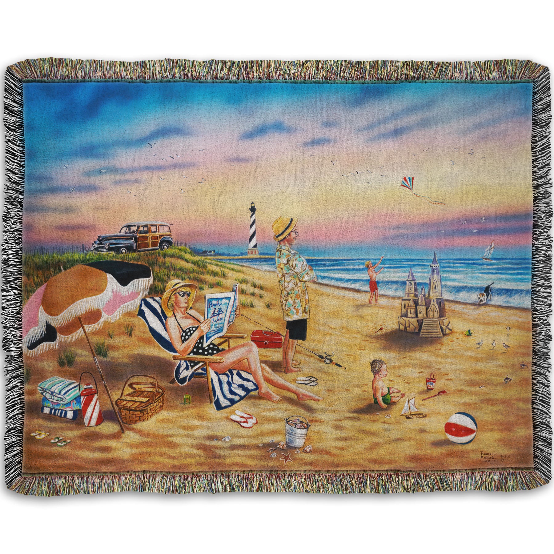 A woven throw blanket designed with a painting of a family vacationing on the beach. The adults relax while the children play, with one in the sand and another flying a kite with their dog.