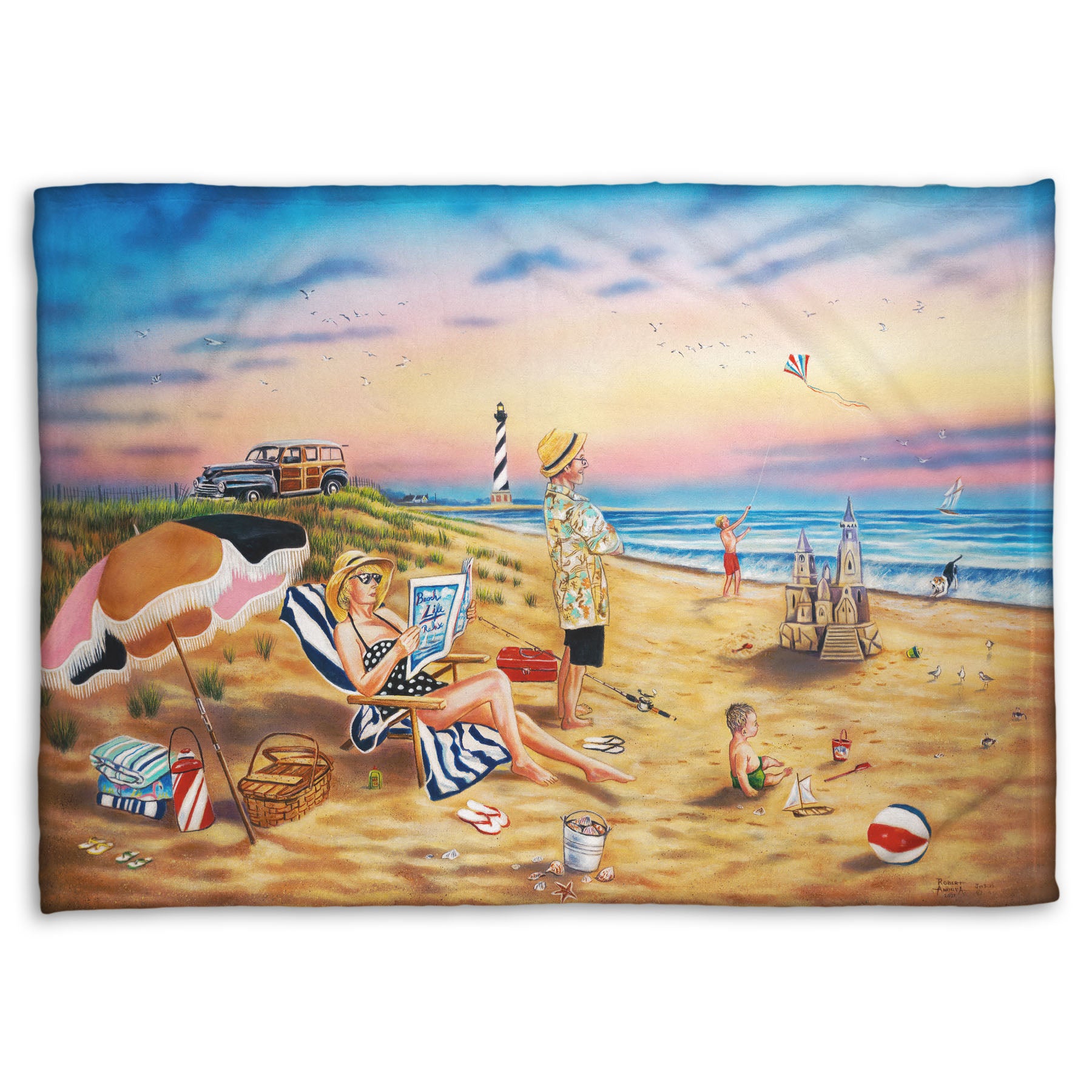 A coral fleece blanket designed with a painting of a family vacationing on the beach. The adults relax while the children play, with one in the sand and another flying a kite with their dog.