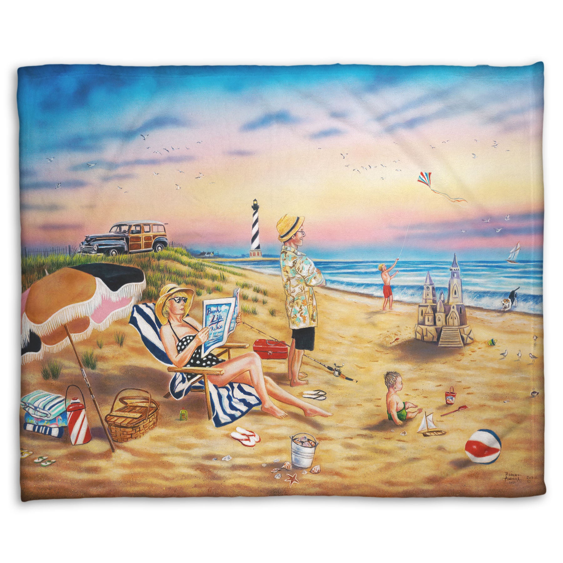 A coral fleece blanket designed with a painting of a family vacationing on the beach. The adults relax while the children play, with one in the sand and another flying a kite with their dog.