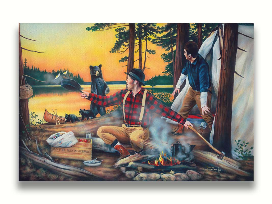 Painting of two men camping and cooking a meal, looking back in shock at an approaching bear and her two cubs. Printed on canvas.