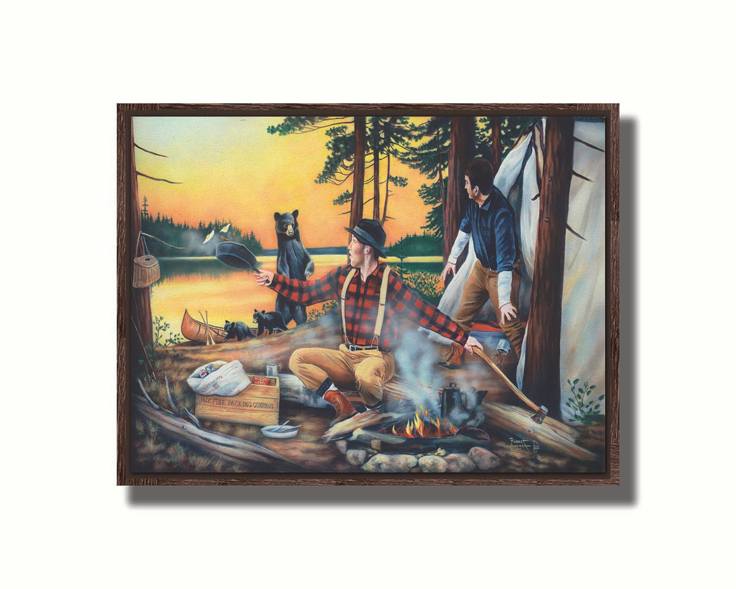 Painting of two men camping and cooking a meal, looking back in shock at an approaching bear and her two cubs. Printed on canvas in a float frame.