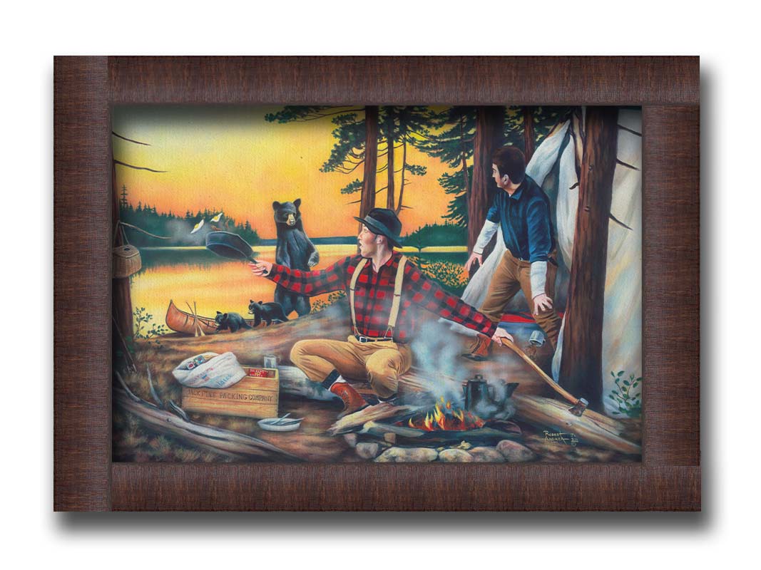 Painting of two men camping and cooking a meal, looking back in shock at an approaching bear and her two cubs. Printed on canvas and framed.