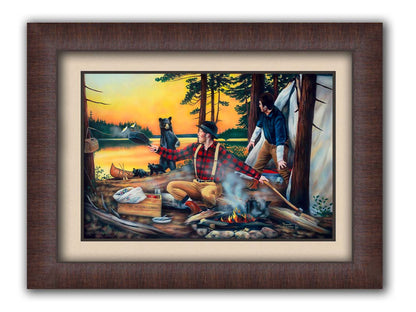 Painting of two men camping and cooking a meal, looking back in shock at an approaching bear and her two cubs. Printed on paper, matted, and framed.