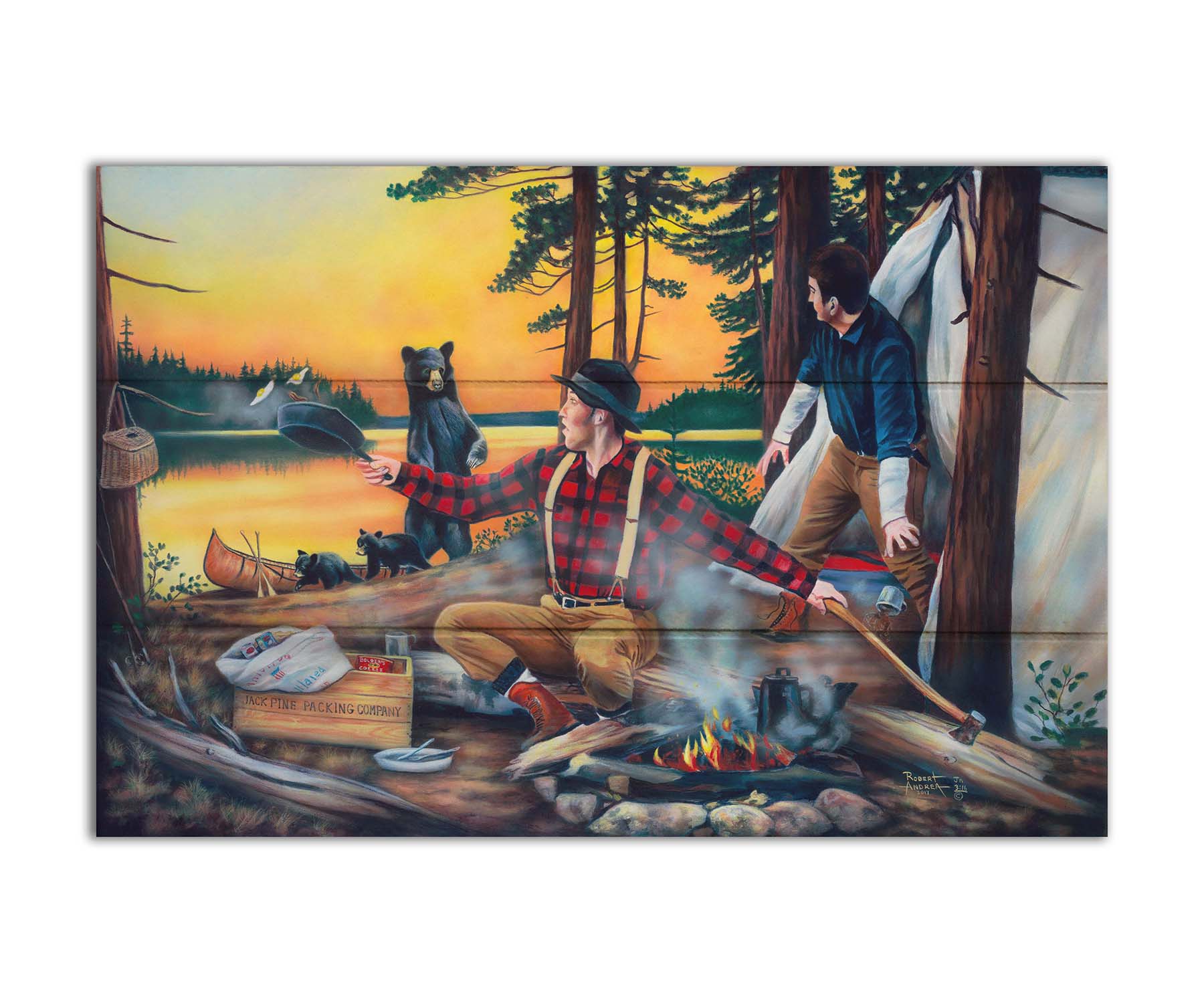 Painting of two men camping and cooking a meal, looking back in shock at an approaching bear and her two cubs. Printed on a box board.