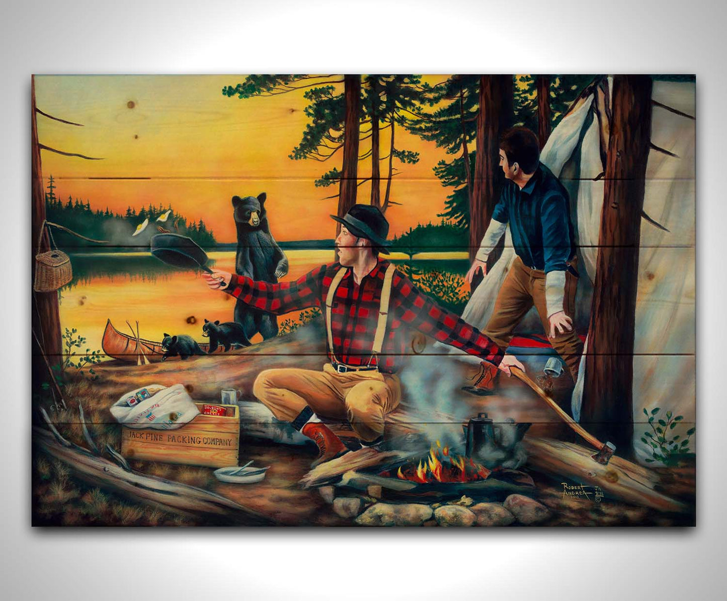 Painting of two men camping and cooking a meal, looking back in shock at an approaching bear and her two cubs. Printed on a wood pallet.