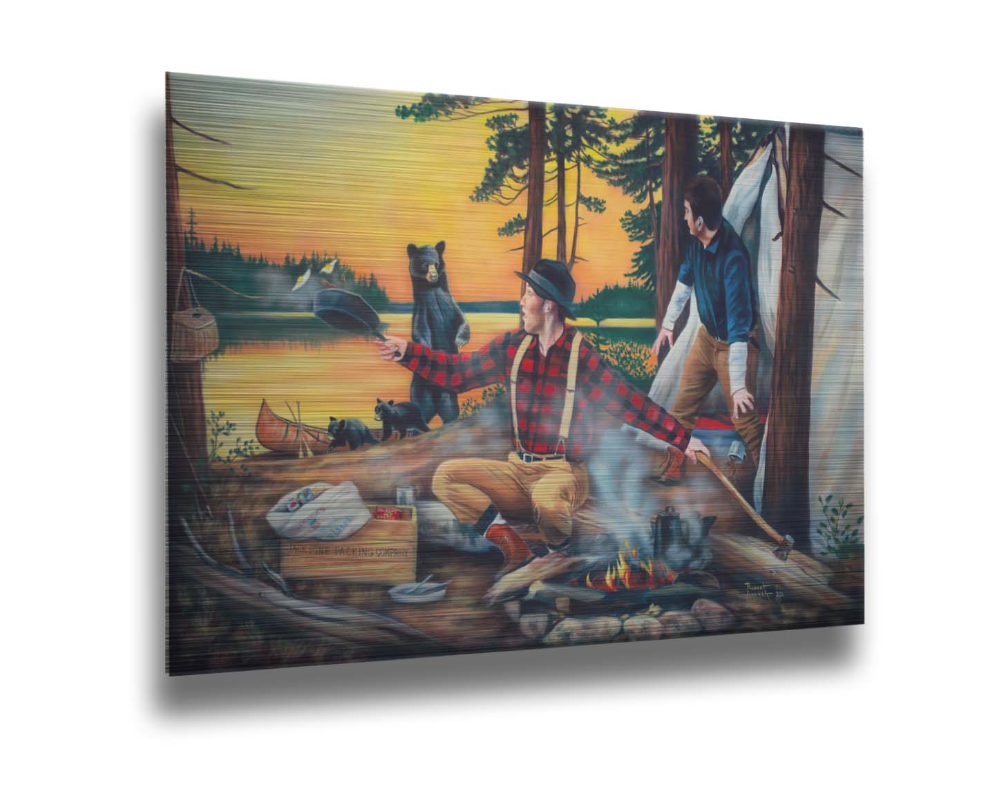 Painting of two men camping and cooking a meal, looking back in shock at an approaching bear and her two cubs. Printed on metal.