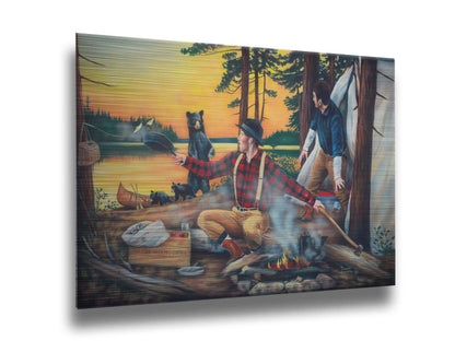 Painting of two men camping and cooking a meal, looking back in shock at an approaching bear and her two cubs. Printed on metal.