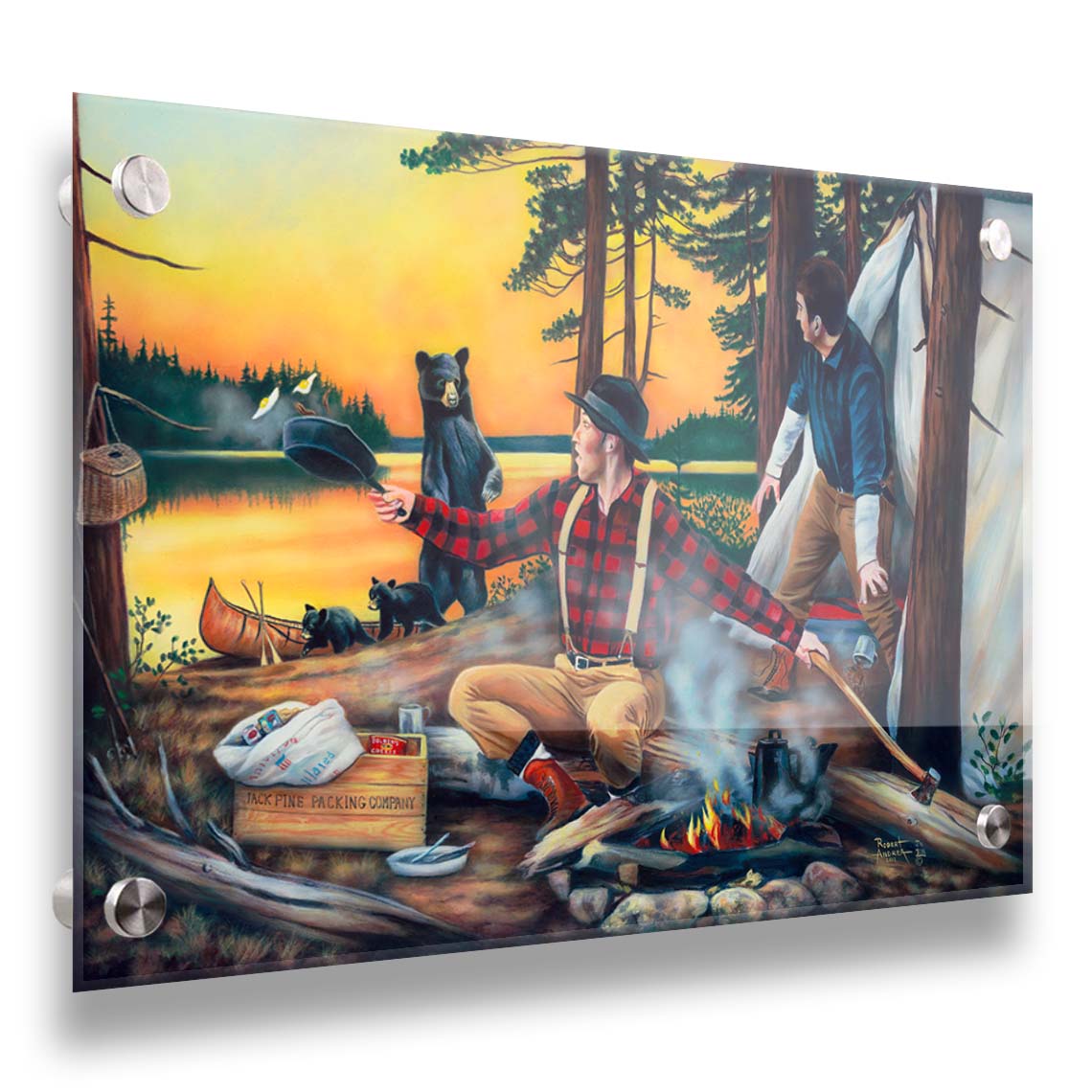 Painting of two men camping and cooking a meal, looking back in shock at an approaching bear and her two cubs. Printed on acrylic.