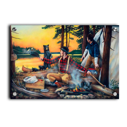 Painting of two men camping and cooking a meal, looking back in shock at an approaching bear and her two cubs. Printed on acrylic.