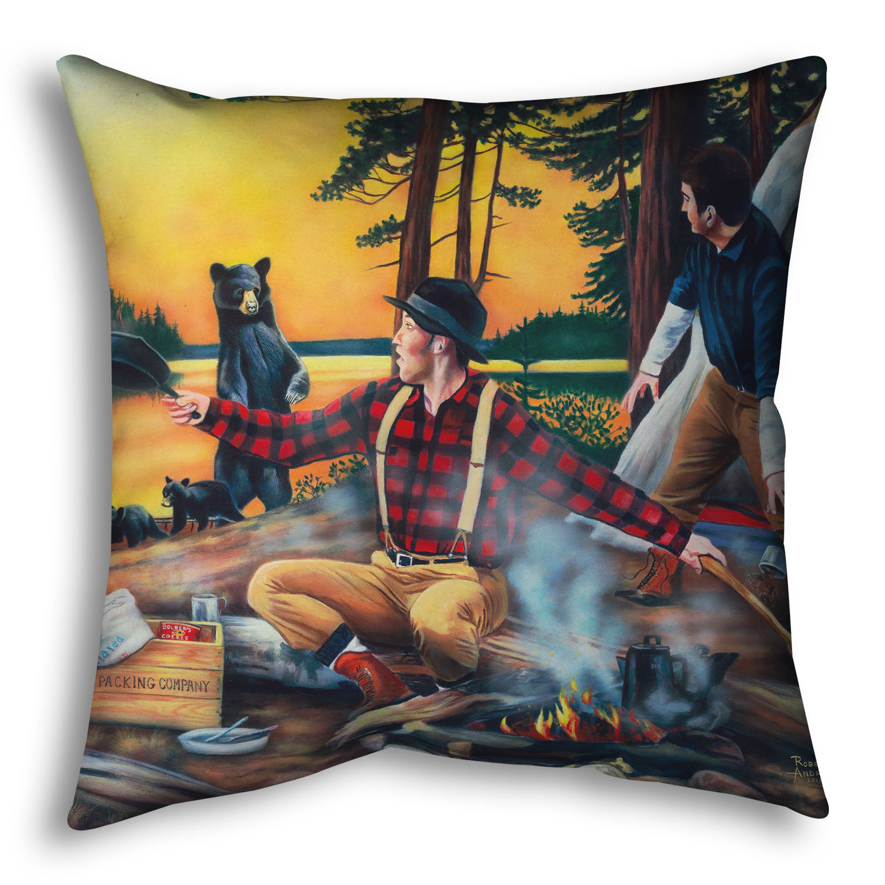 Throw pillow designed with a painting of two men camping and cooking a meal, looking back in shock at an approaching bear and her two cubs.