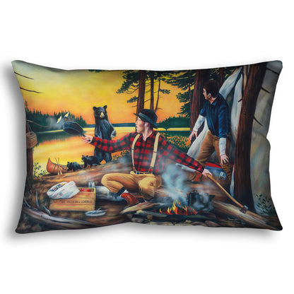Throw pillow designed with a painting of two men camping and cooking a meal, looking back in shock at an approaching bear and her two cubs.