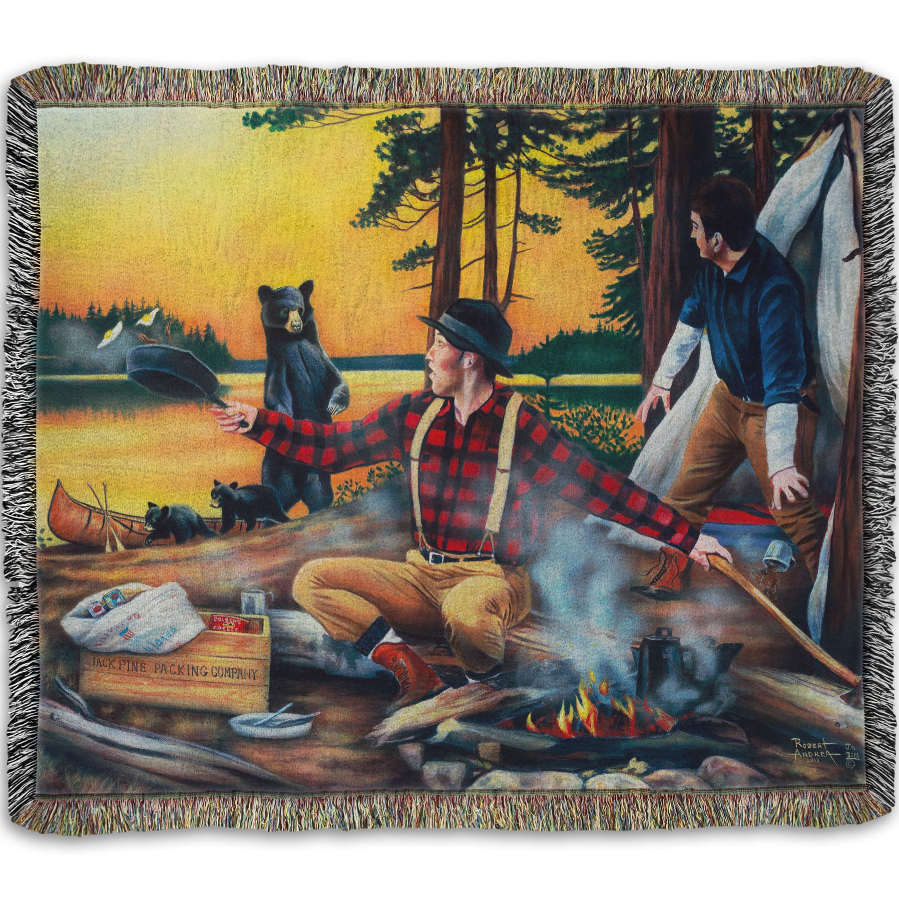 Woven throw blanket designed with a painting of two men camping and cooking a meal, looking back in shock at an approaching bear and her two cubs.