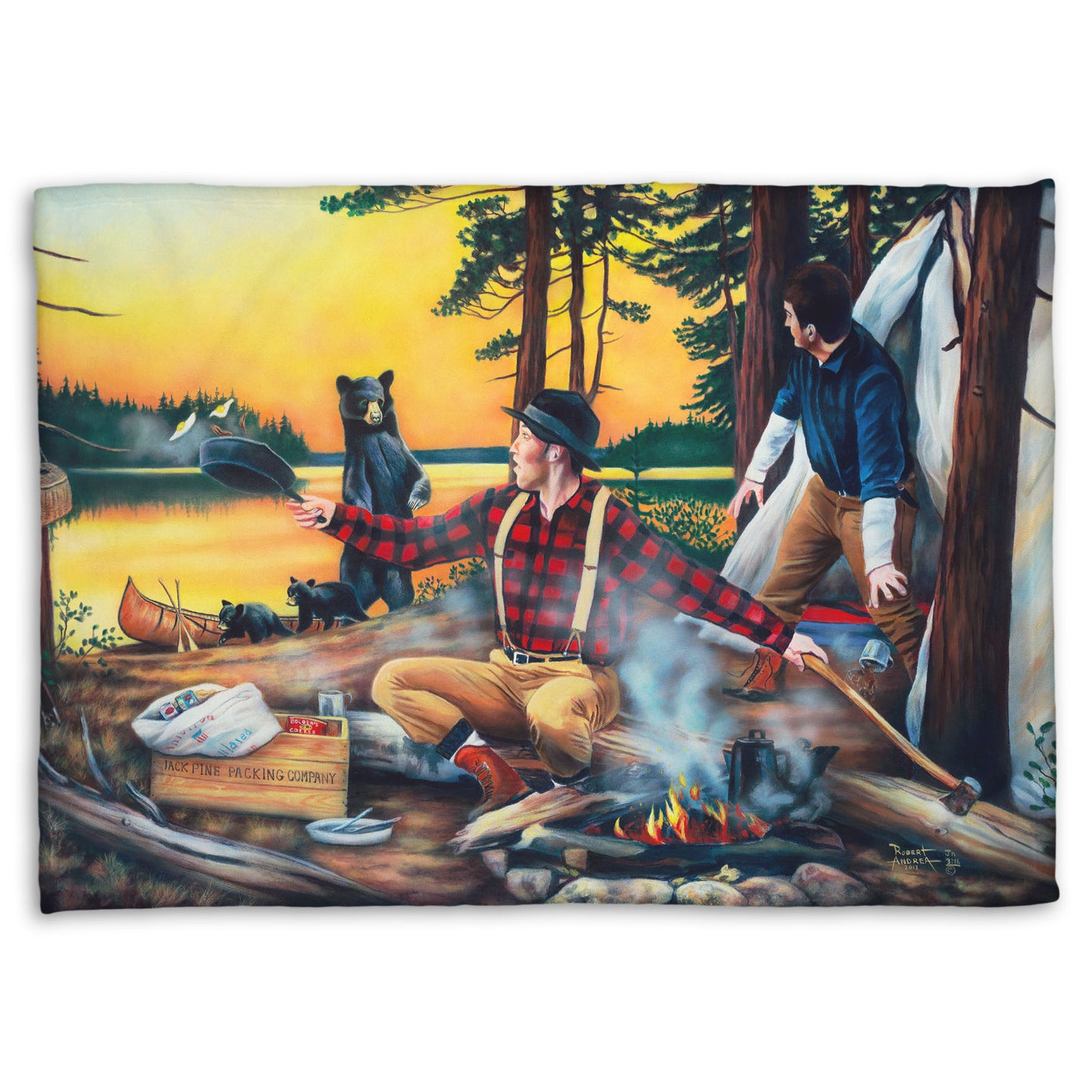 Coral fleece blanket designed with a painting of two men camping and cooking a meal, looking back in shock at an approaching bear and her two cubs.