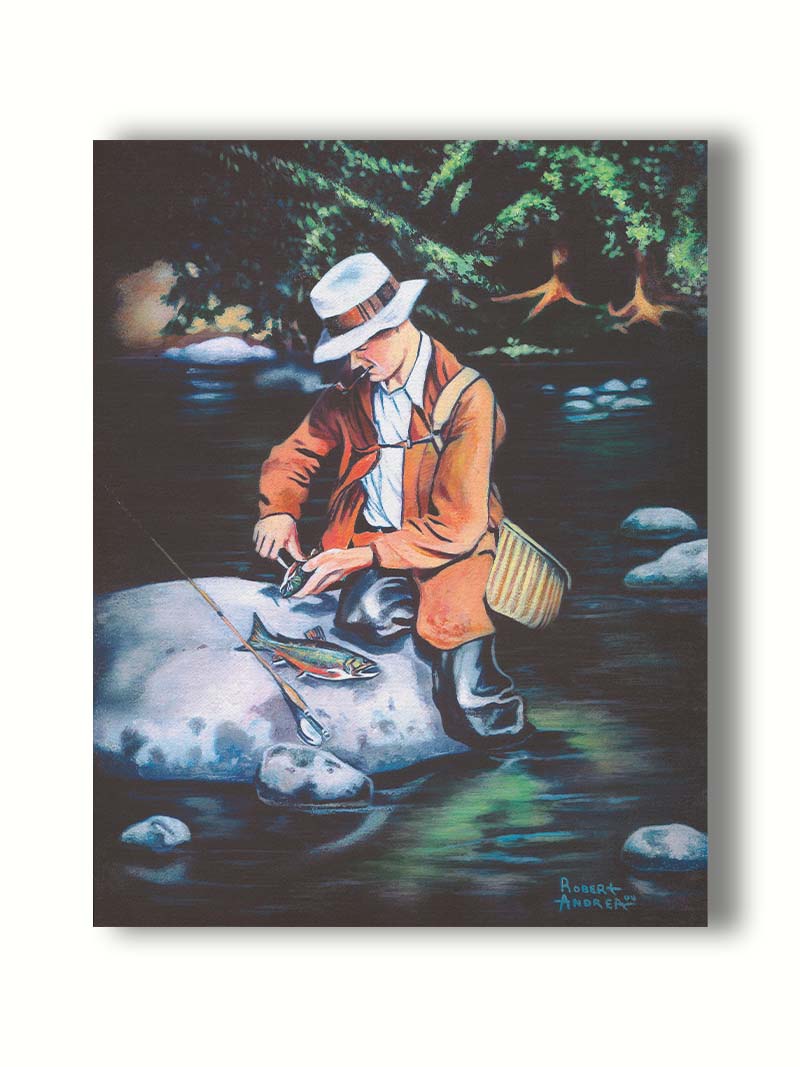 A painting of a fisherman standing in the river, cleaning a fish he just caught. Printed on canvas.