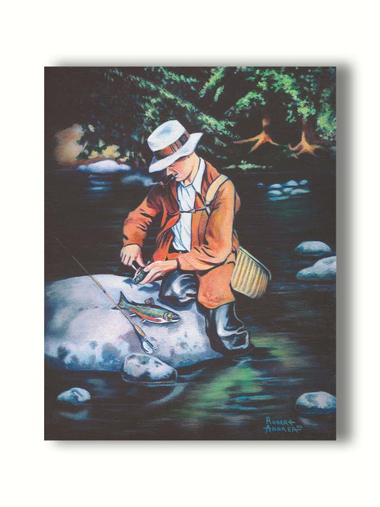 A painting of a fisherman standing in the river, cleaning a fish he just caught. Printed on canvas.