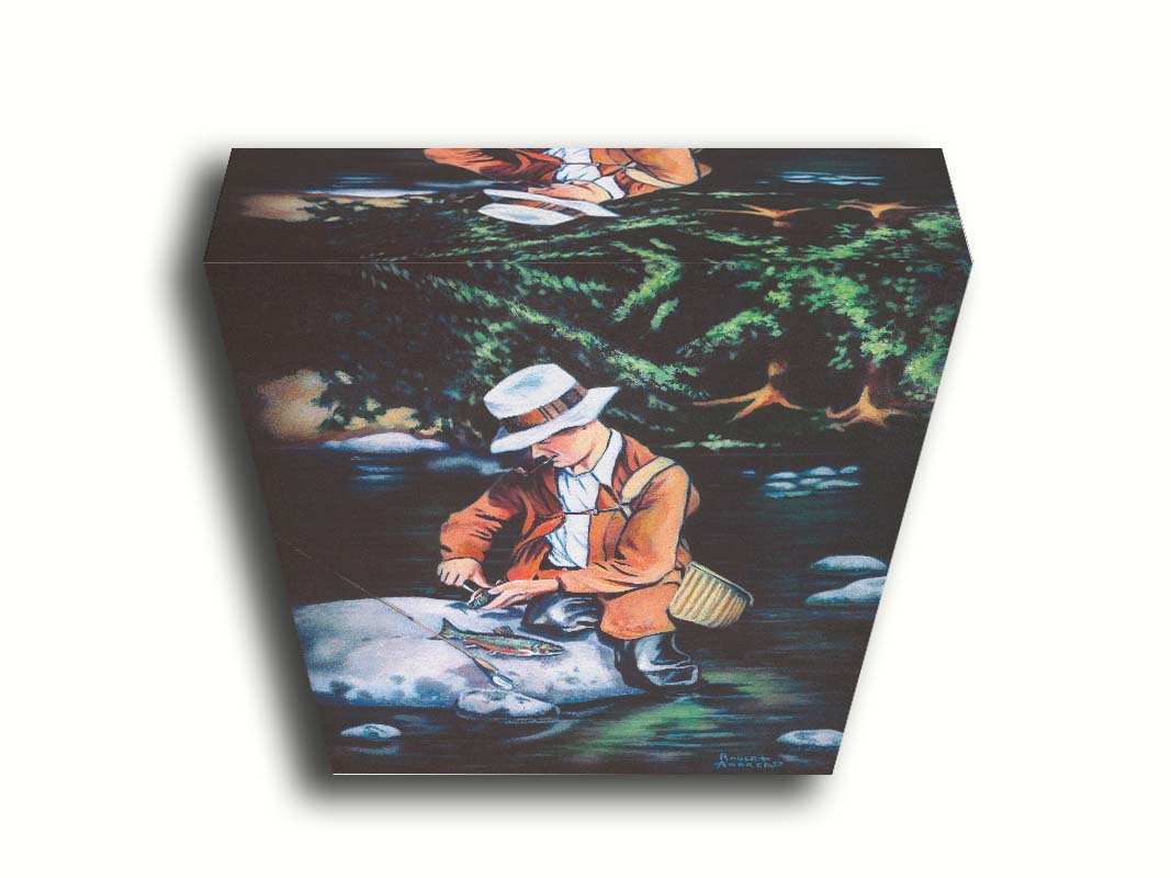 A painting of a fisherman standing in the river, cleaning a fish he just caught. Printed on canvas.