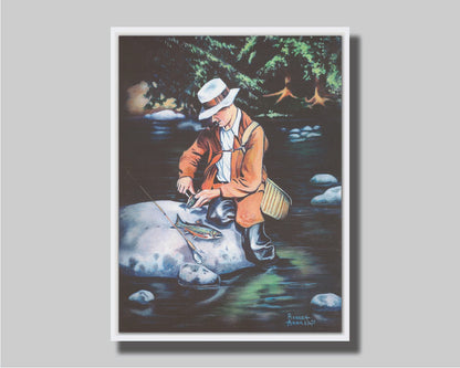 A painting of a fisherman standing in the river, cleaning a fish he just caught. Printed on canvas in a float frame.