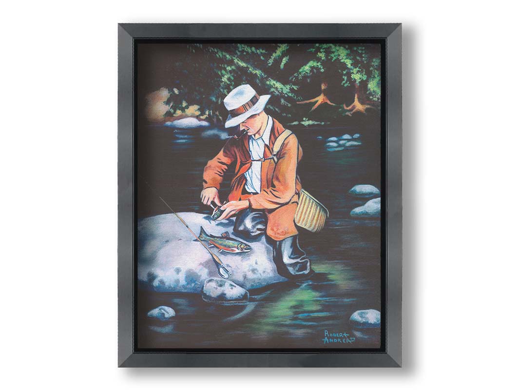 A painting of a fisherman standing in the river, cleaning a fish he just caught. Printed on canvas and framed.