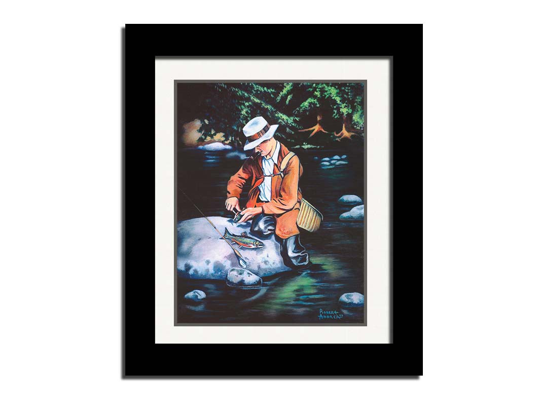 A painting of a fisherman standing in the river, cleaning a fish he just caught. Printed on paper, matted, and framed.