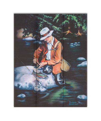 A painting of a fisherman standing in the river, cleaning a fish he just caught. Printed on a box board.