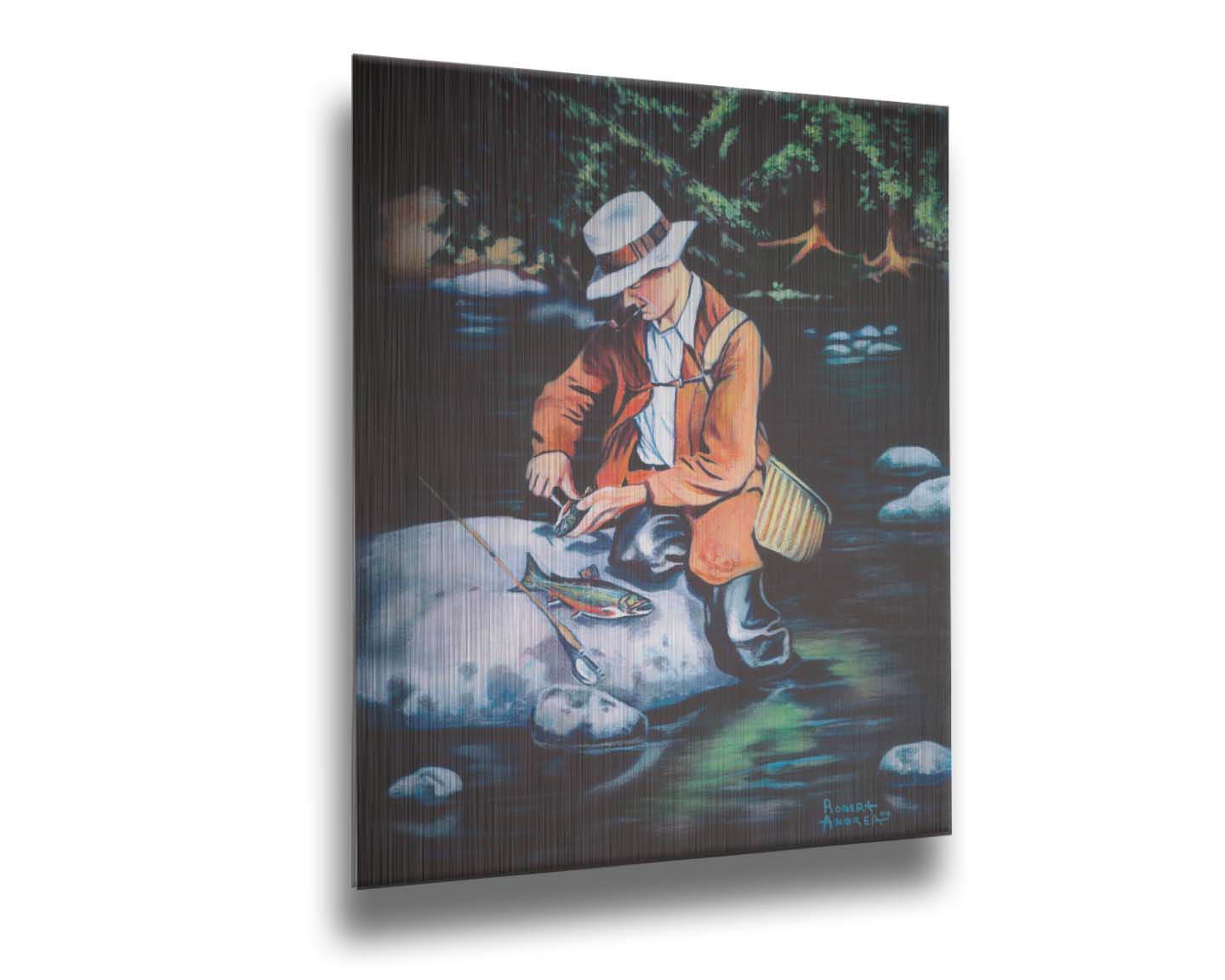 A painting of a fisherman standing in the river, cleaning a fish he just caught. Printed on metal.