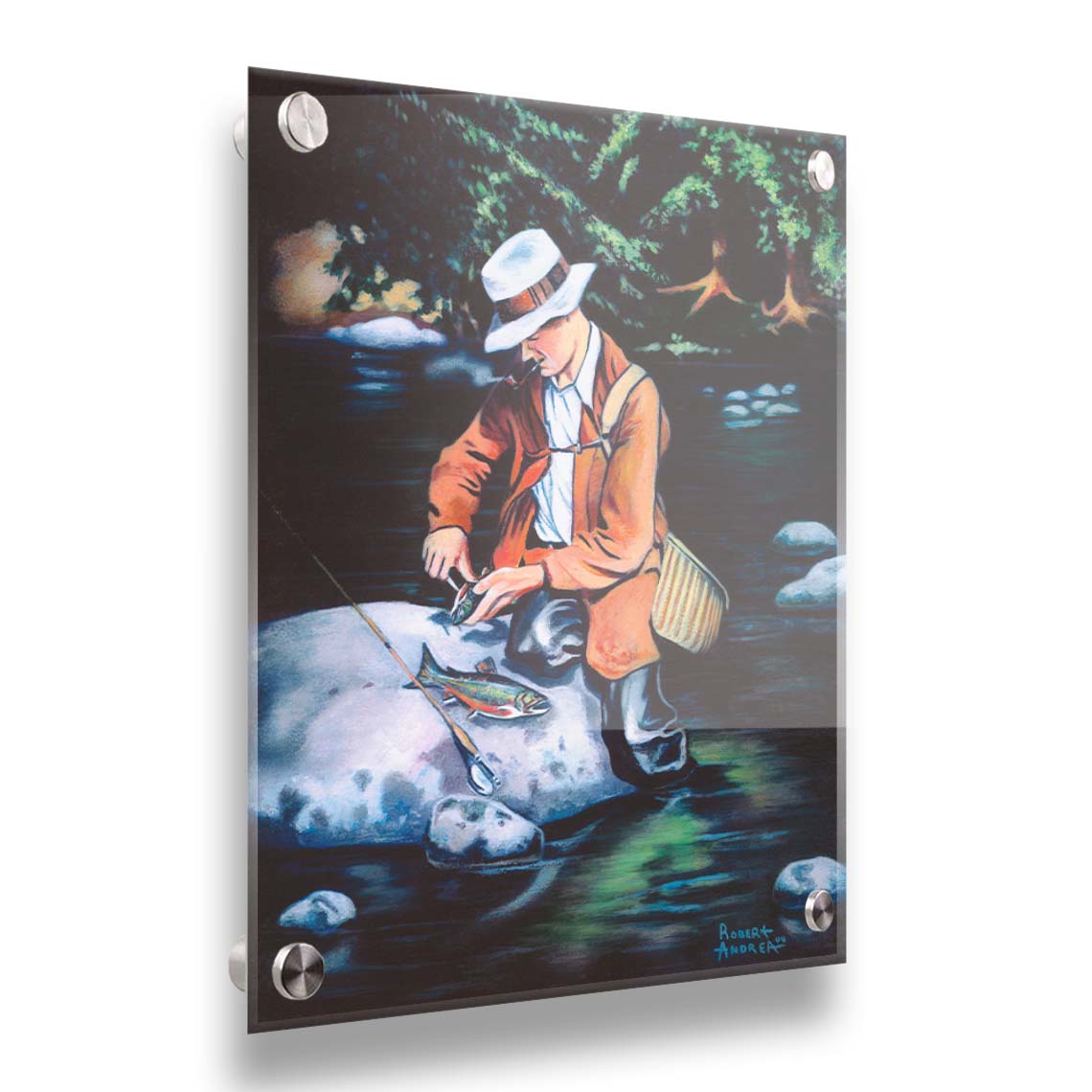 A painting of a fisherman standing in the river, cleaning a fish he just caught. Printed on acrylic.