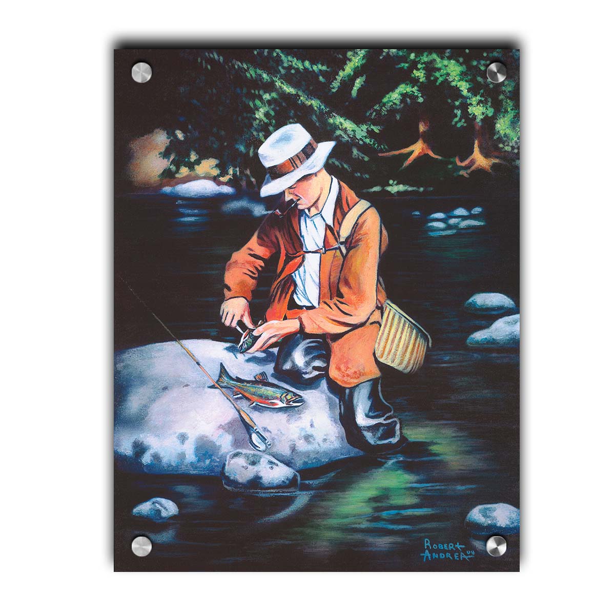 A painting of a fisherman standing in the river, cleaning a fish he just caught. Printed on acrylic.