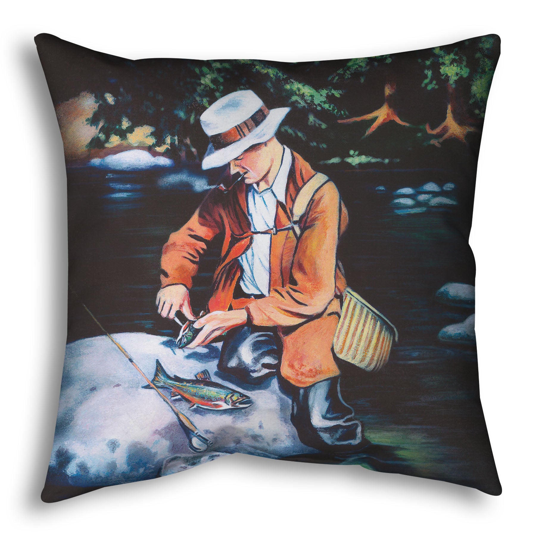 A throw pillow designed with a painting of a fisherman standing in the river, cleaning a fish he just caught.