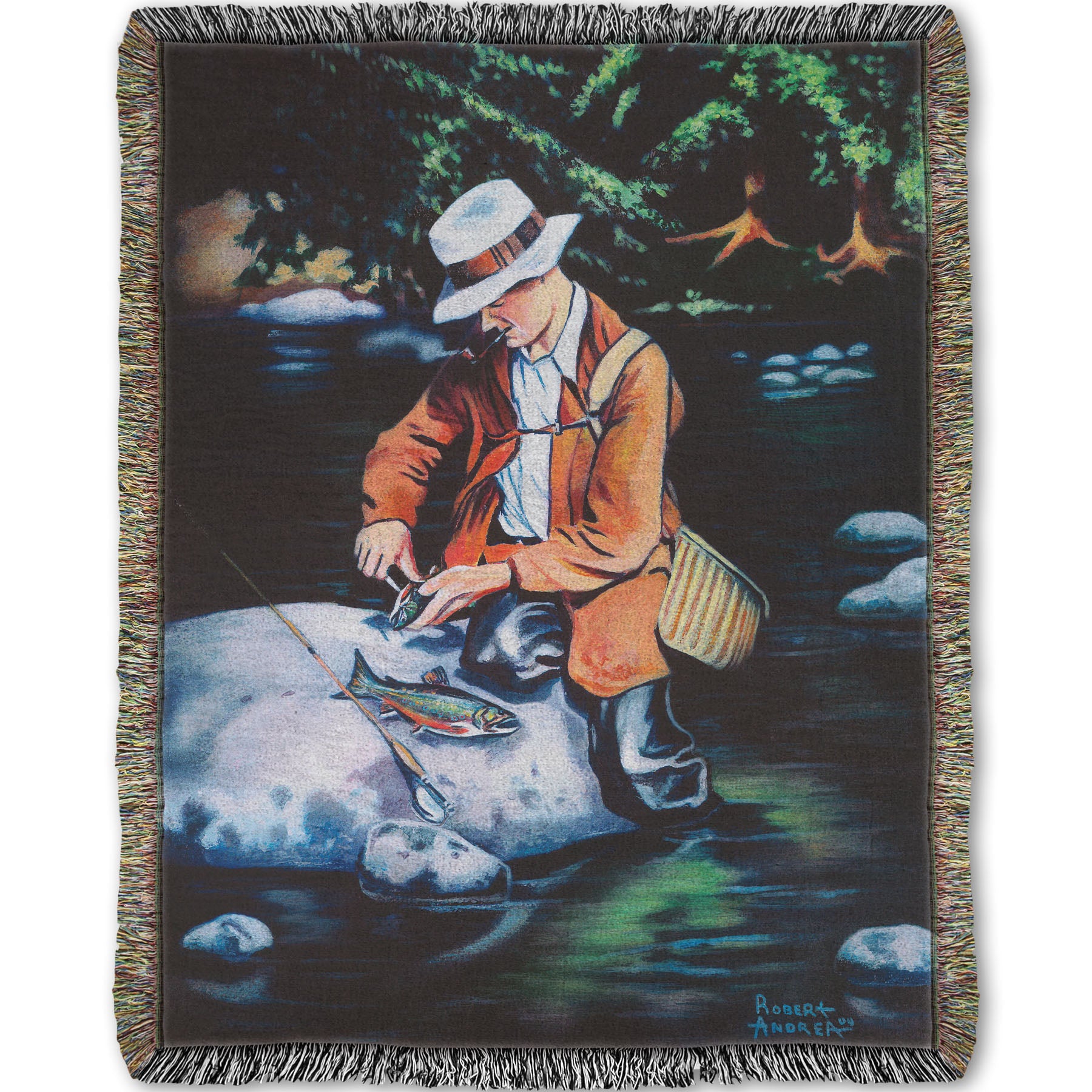 A woven throw blanket designed with a painting of a fisherman standing in the river, cleaning a fish he just caught.