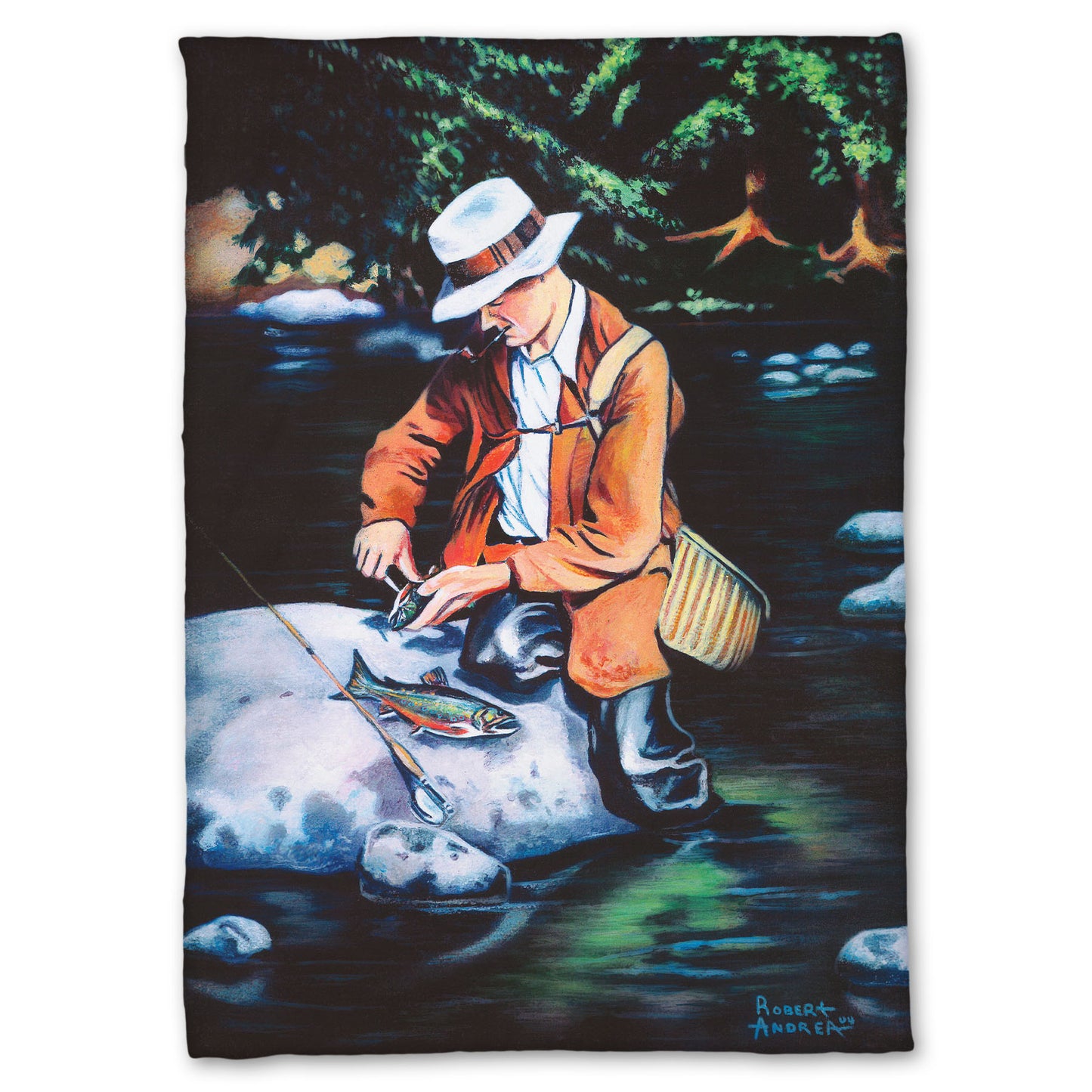 A coral fleece blanket designed with a painting of a fisherman standing in the river, cleaning a fish he just caught.