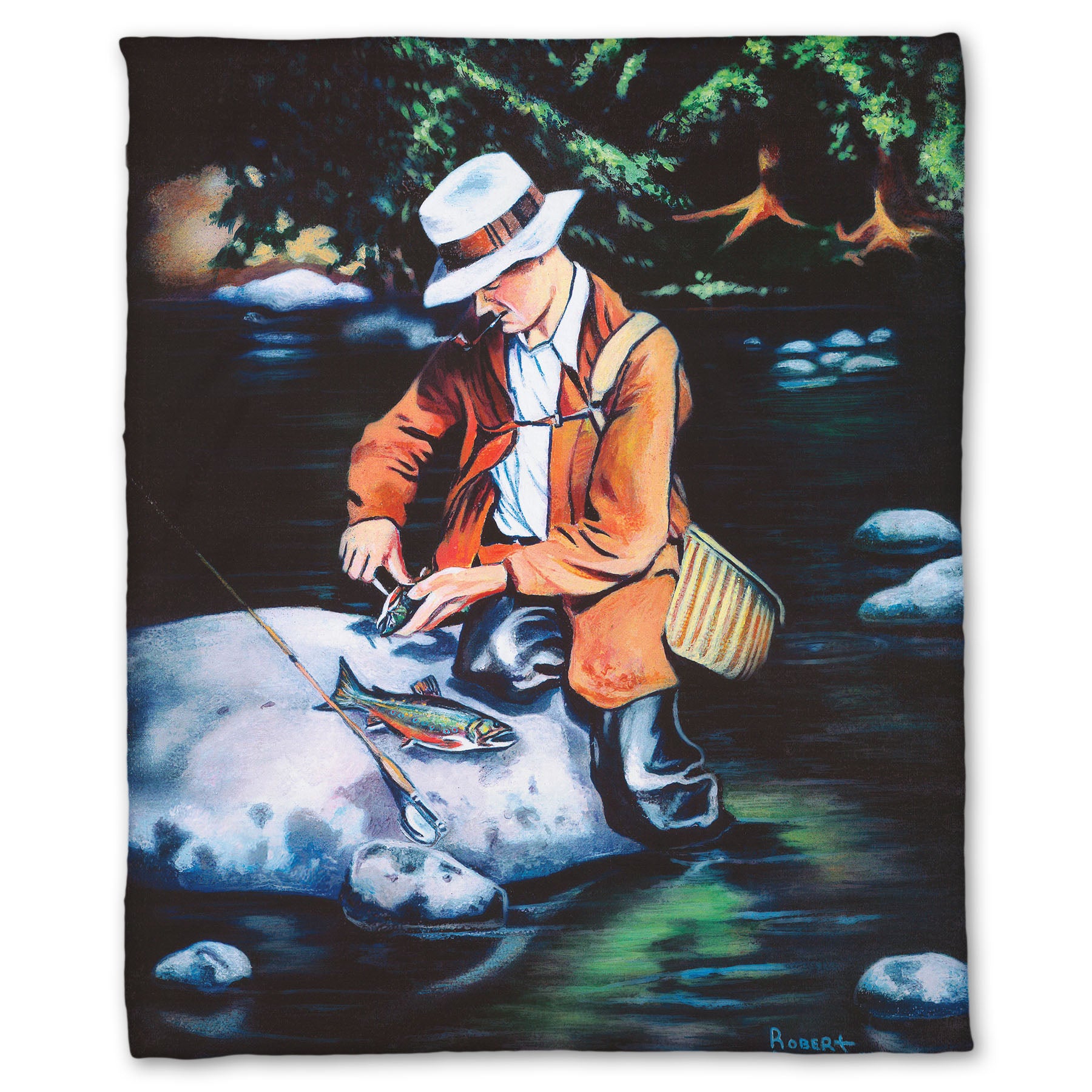 A coral fleece blanket designed with a painting of a fisherman standing in the river, cleaning a fish he just caught.