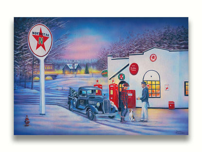 A painting of a small town scene in the snowy winter. Two people talk outside of a gas station beside a dog and an old car carrying a Christmas tree. Printed on canvas.