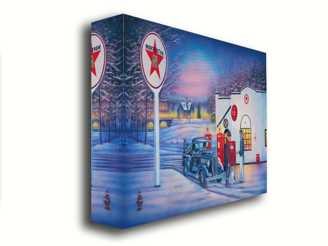 A painting of a small town scene in the snowy winter. Two people talk outside of a gas station beside a dog and an old car carrying a Christmas tree. Printed on canvas.