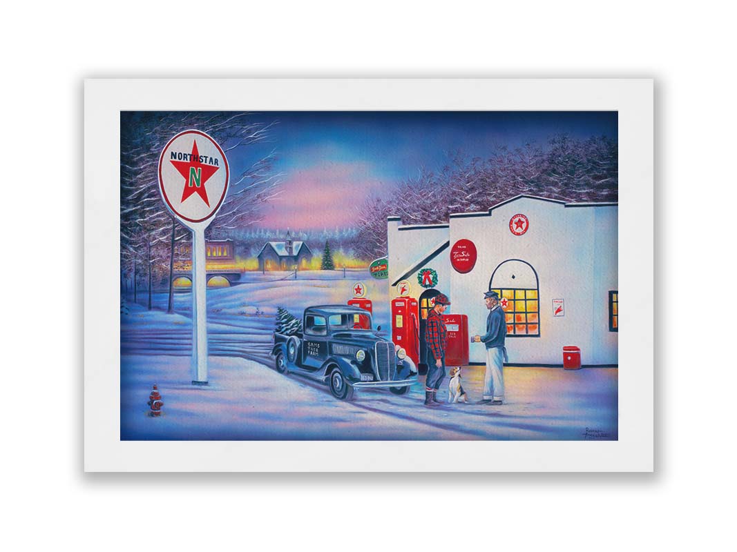 A painting of a small town scene in the snowy winter. Two people talk outside of a gas station beside a dog and an old car carrying a Christmas tree. Printed on canvas and framed.