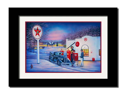 A painting of a small town scene in the snowy winter. Two people talk outside of a gas station beside a dog and an old car carrying a Christmas tree. Printed on paper, matted, and framed.