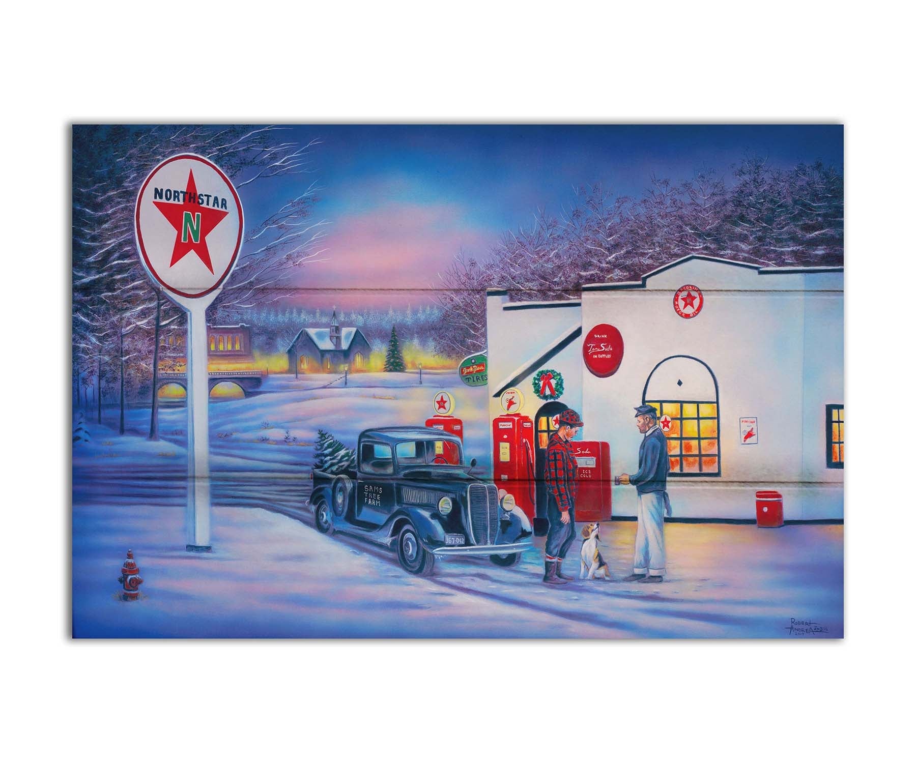 A painting of a small town scene in the snowy winter. Two people talk outside of a gas station beside a dog and an old car carrying a Christmas tree. Printed on a box board.