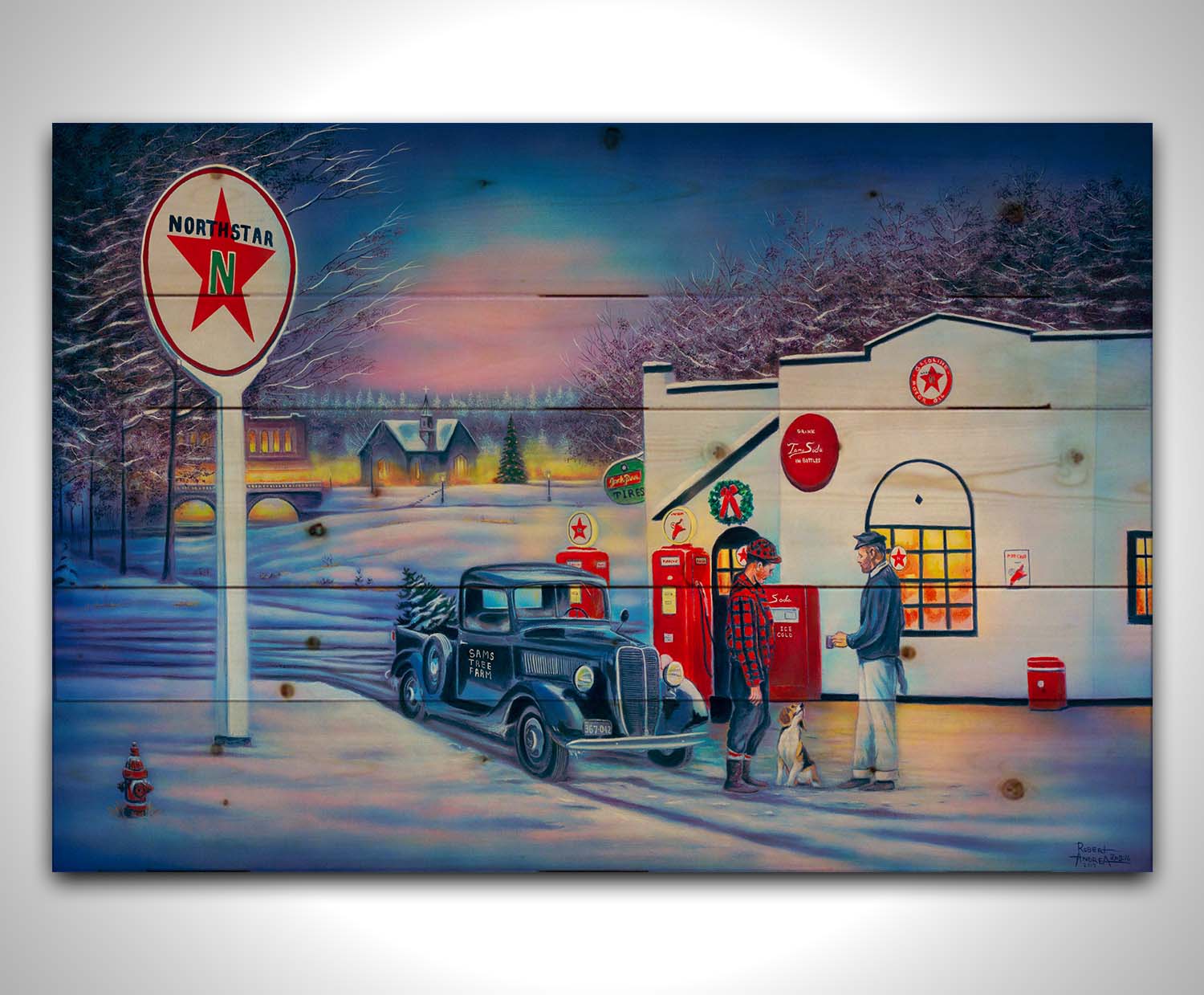 A painting of a small town scene in the snowy winter. Two people talk outside of a gas station beside a dog and an old car carrying a Christmas tree. Printed on a wood pallet.