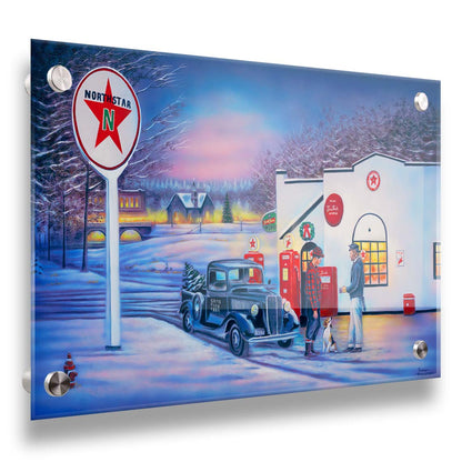 A painting of a small town scene in the snowy winter. Two people talk outside of a gas station beside a dog and an old car carrying a Christmas tree. Printed on acrylic.