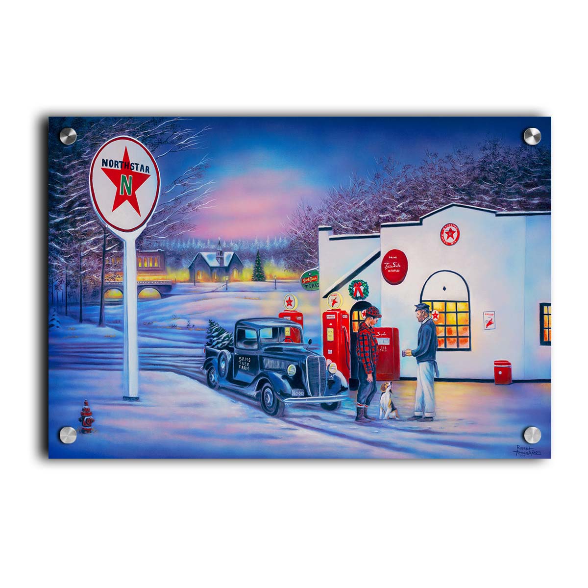 A painting of a small town scene in the snowy winter. Two people talk outside of a gas station beside a dog and an old car carrying a Christmas tree. Printed on acrylic.