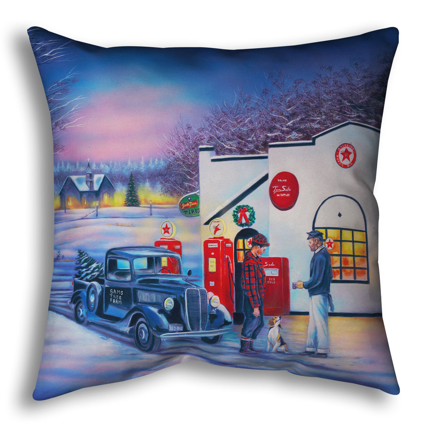 A throw pillow decorated with a 1950s Americana scene, with a vintage truck refueling at a Northstar gas station.