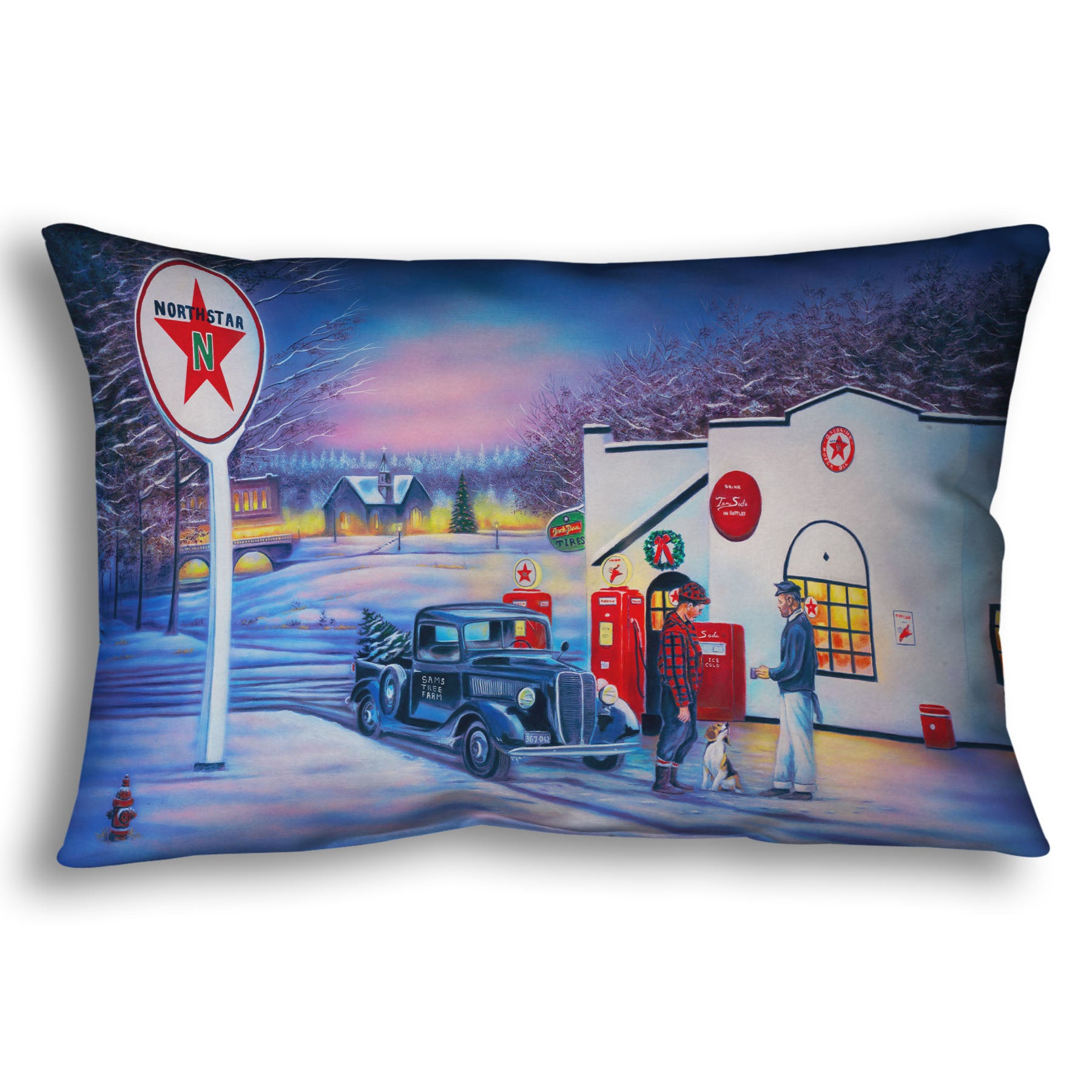 A throw pillow decorated with a 1950s Americana scene, with a vintage truck refueling at a Northstar gas station.