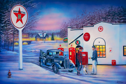 A painting of a small town scene in the snowy winter. Two people talk outside of a gas station beside a dog and an old car carrying a Christmas tree.