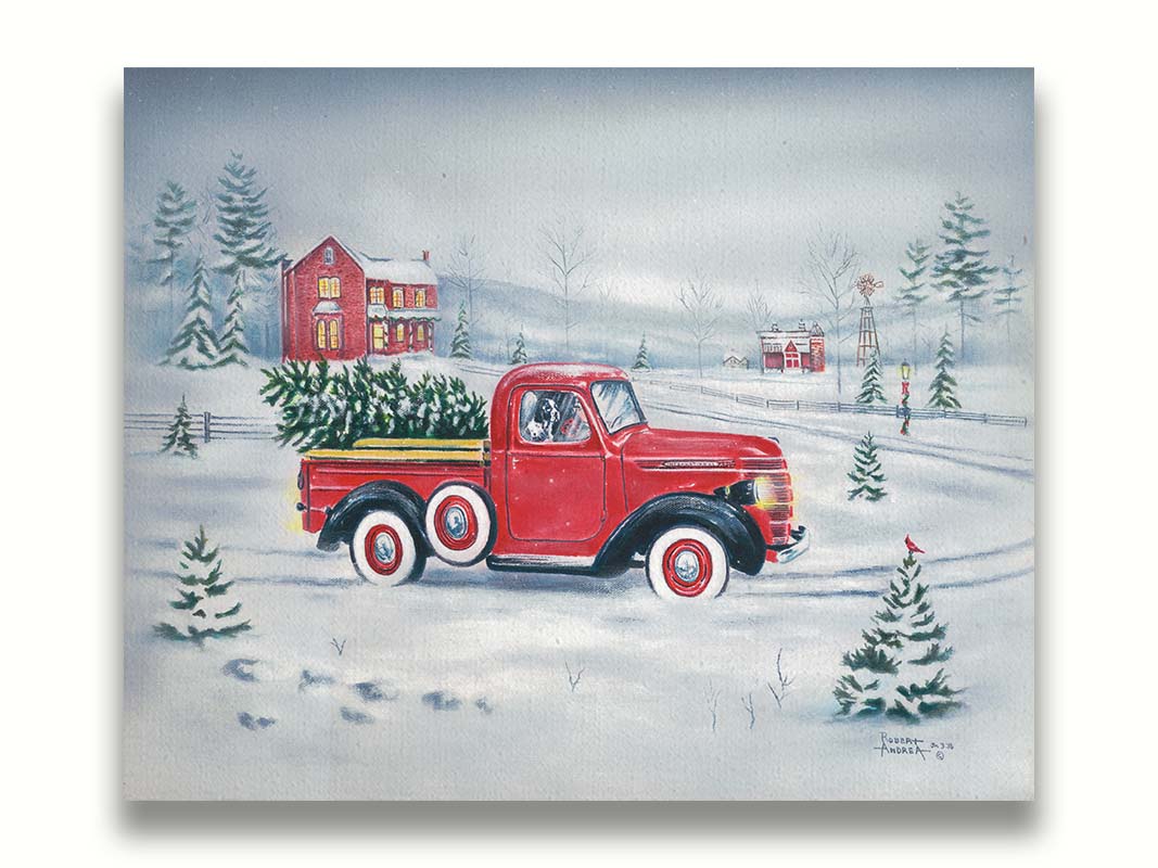 A painting of a vintage red truck, carrying a freshly cut evergreen tree. It is driving toward some red homes in the distance. Printed on canvas.