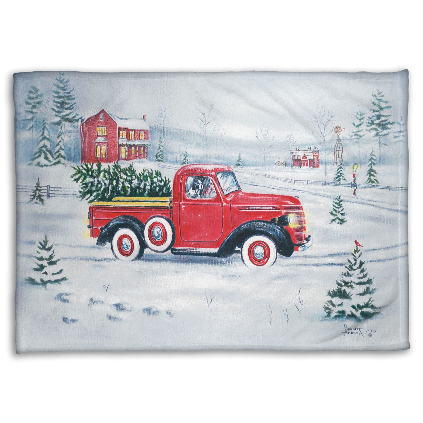 Coral fleece blanket with a red truck and Christmas tree design.